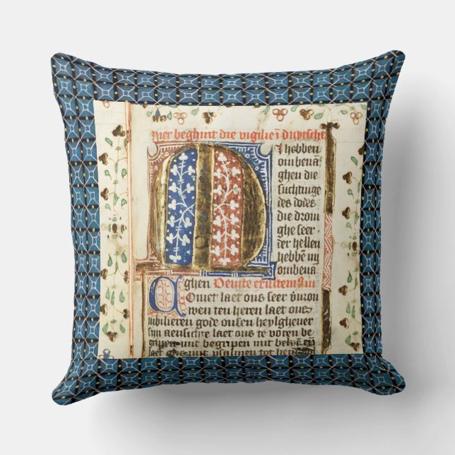illuminated manuscript pillow with blue background (Back)