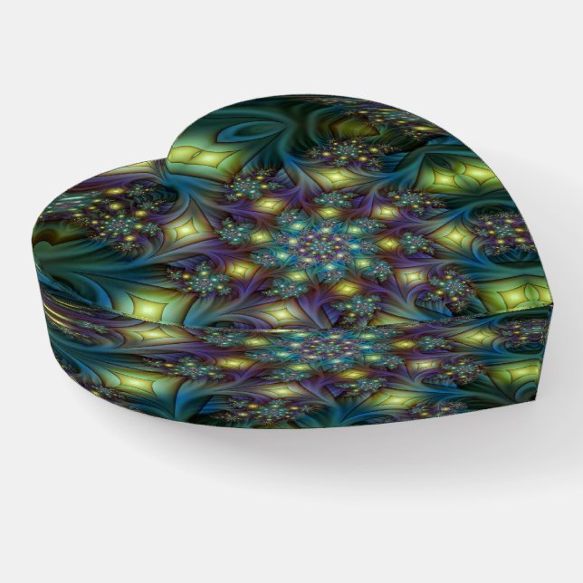Illuminated modern blue purple Fractal Art Heart Paperweight (Angled)