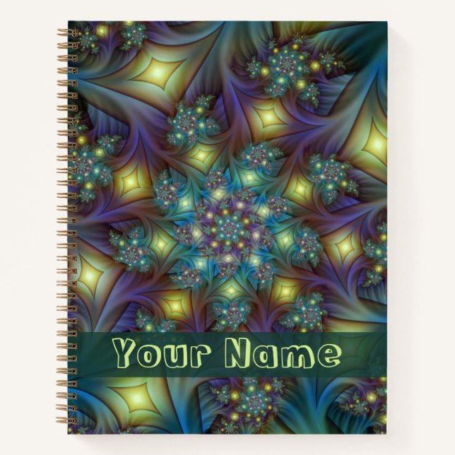 Illuminated modern blue purple Fractal Art Name Notebook (Front)