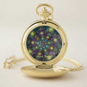 Illuminated modern blue purple Fractal Art Name Pocket Watch