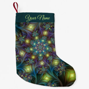 Illuminated modern blue purple Fractal Art Name Small Christmas Stocking