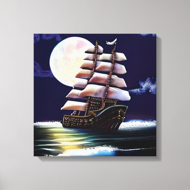 Illuminated Ship on the Ocean under the Moon Canvas Print (Front)