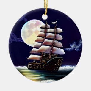 Illuminated Ship on the Ocean under the Moon Ceramic Ornament