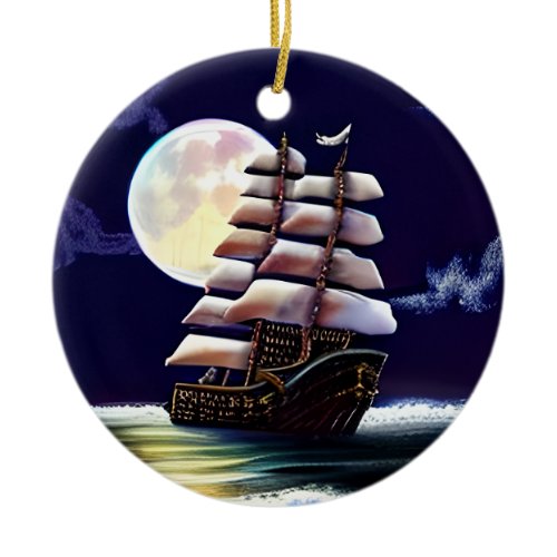 Illuminated Ship on the Ocean under the Moon Ceramic Ornament