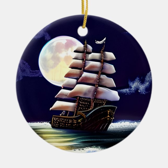 Illuminated Ship on the Ocean under the Moon Ceramic Ornament (Front)