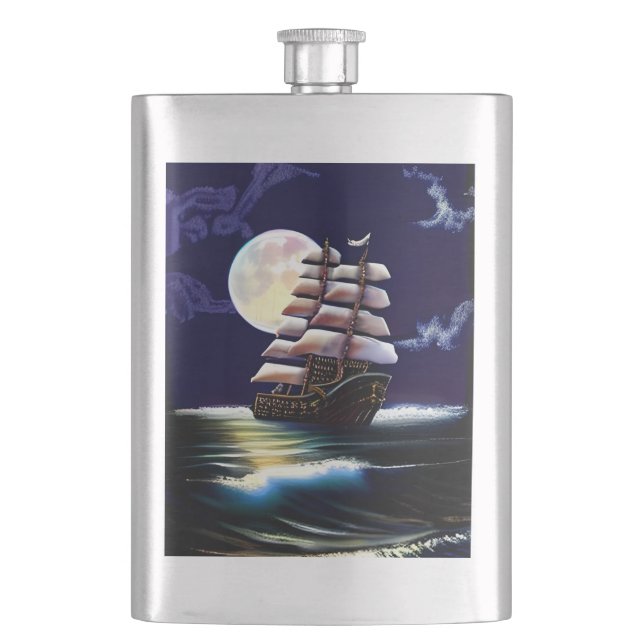 Illuminated Ship on the Ocean under the Moon Flask (Front)