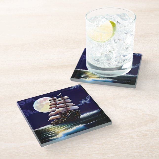 Illuminated Ship on the Ocean under the Moon Glass Coaster (Angled)