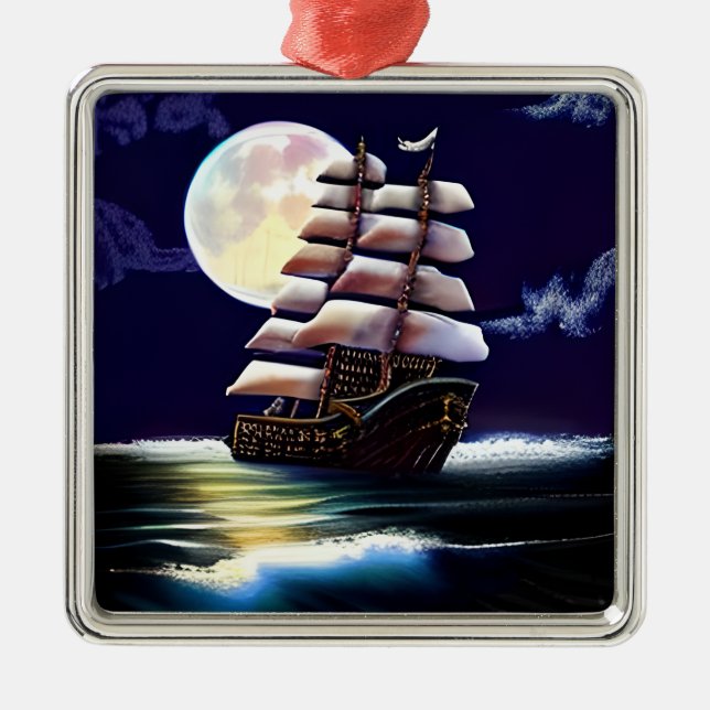 Illuminated Ship on the Ocean under the Moon Metal Ornament (Front)