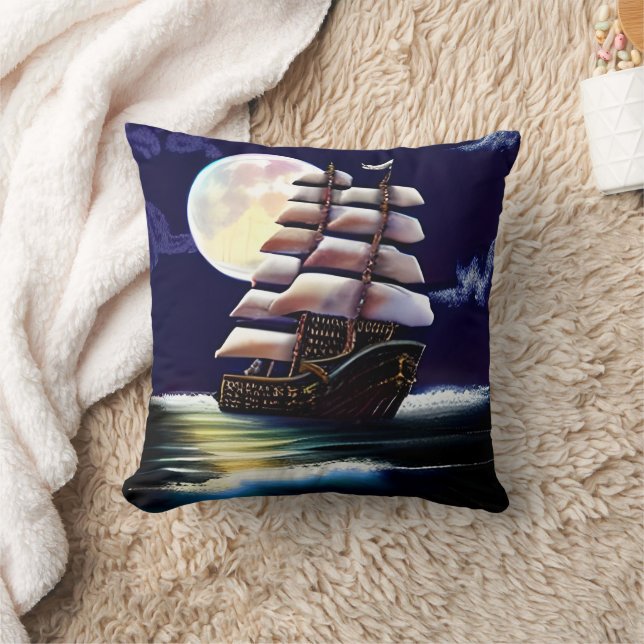 Illuminated Ship on the Ocean under the Moon Throw Pillow (Blanket)