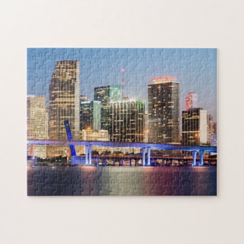 Illuminated skyline of downtown Miami at dusk Jigsaw Puzzle