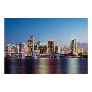 Illuminated skyline of downtown Miami at dusk Poster