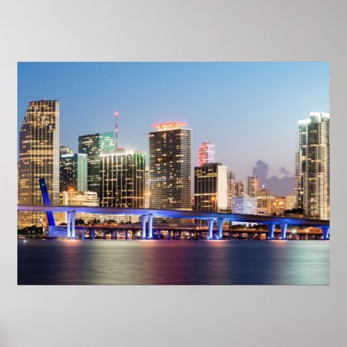 Illuminated skyline of downtown Miami at dusk Poster