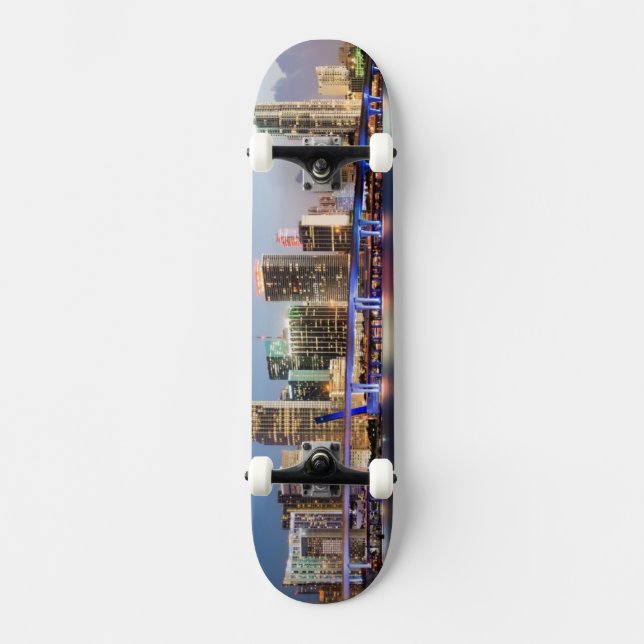 Illuminated skyline of downtown Miami at dusk Skateboard Deck (Front)
