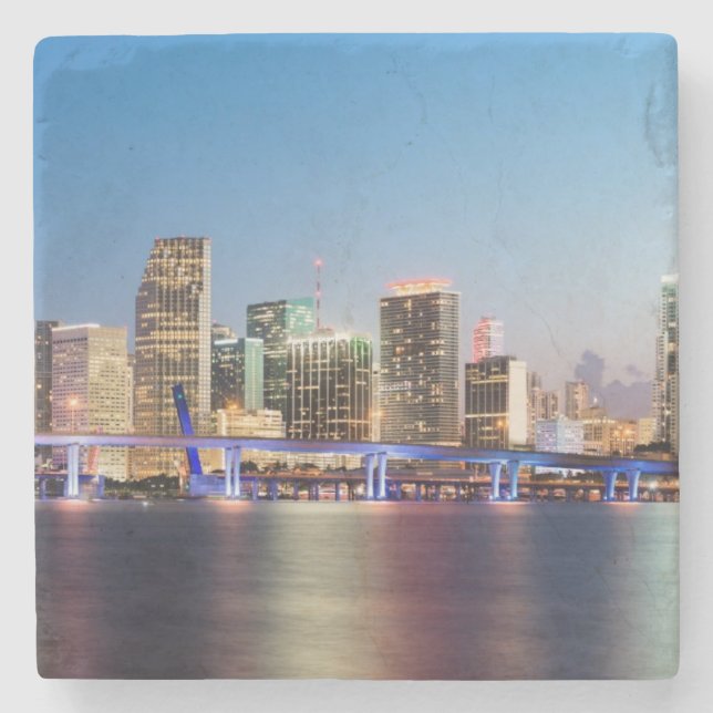Illuminated skyline of downtown Miami at dusk Stone Coaster (Front)
