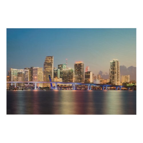Illuminated skyline of downtown Miami at dusk Wood Wall Decor