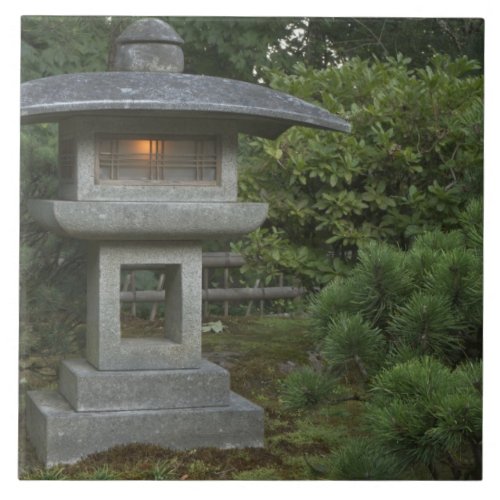Illuminated stone lantern in Japanese Garden Ceramic Tile