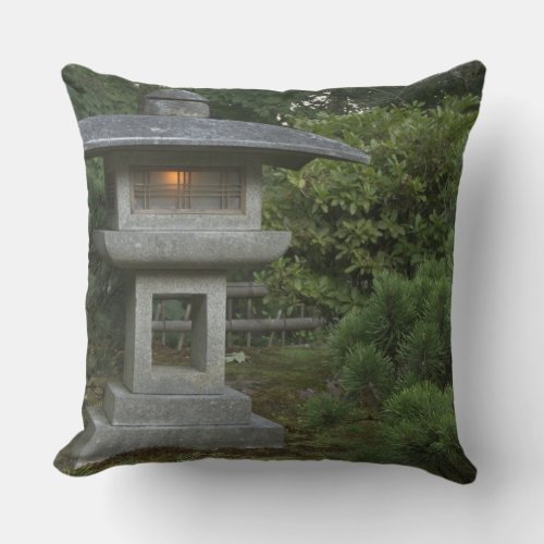 Illuminated stone lantern in Japanese Garden Throw Pillow