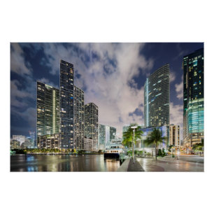 Illuminated towers at the Miami River waterfront Poster
