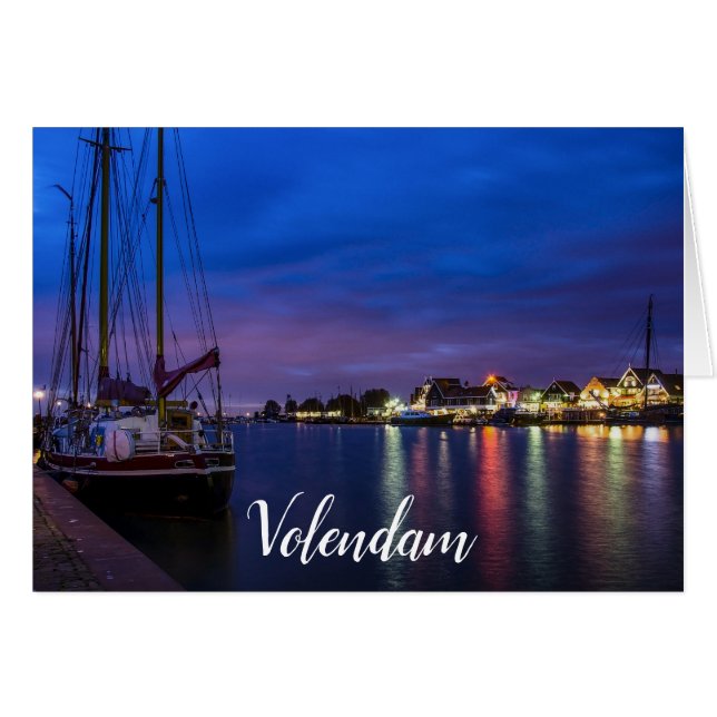 Illuminated Volendam harbor at night Cards (Front Horizontal)