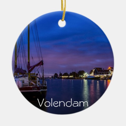 Illuminated Volendam harbor at night Ceramic Ornament