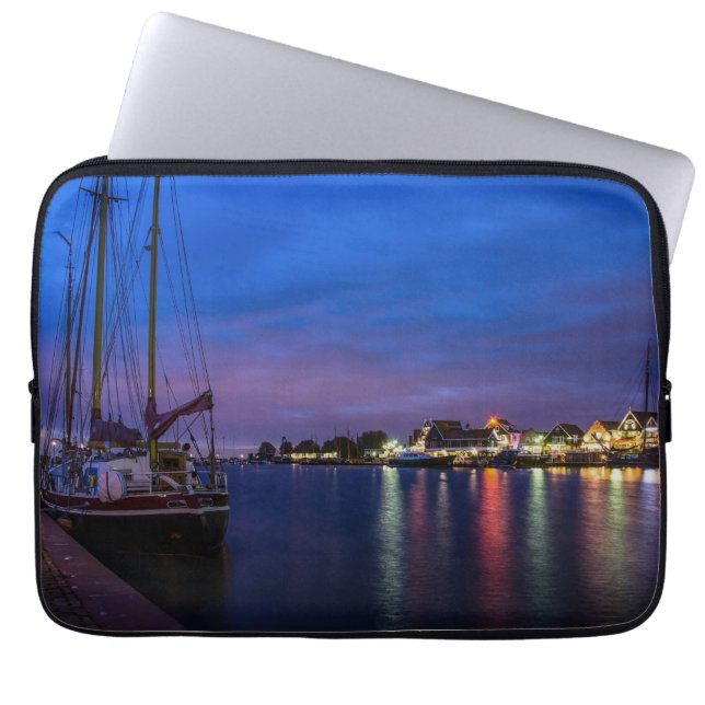 Illuminated Volendam harbor at night Laptop Sleeve (Front)