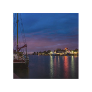 Illuminated Volendam harbor at night Wood Wall Art