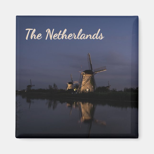 Illuminated windmill at Blue Hour text magnet (Front)