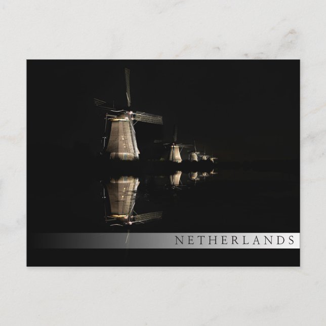 Illuminated windmills at night bar postcard (Front)