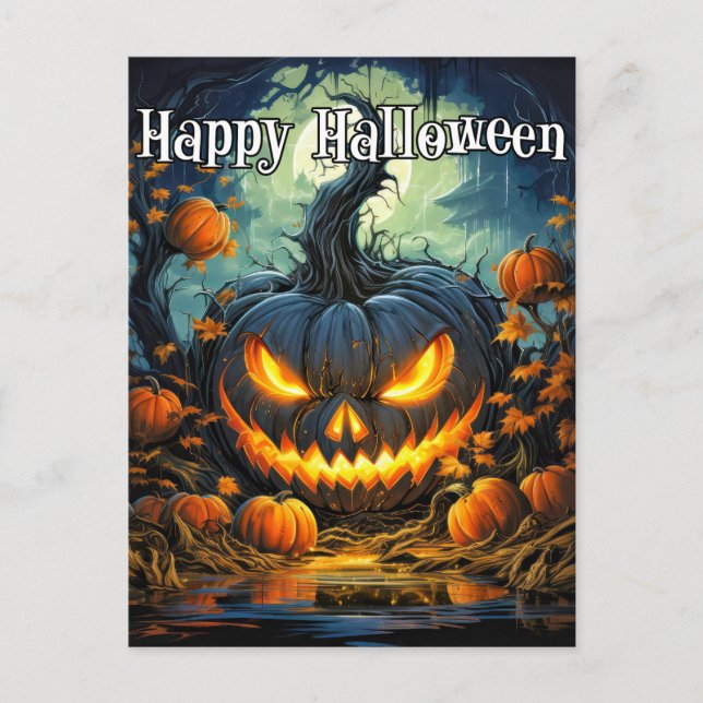Illuminating Spooky Pumpkin | Happy Halloween Postcard (Front)