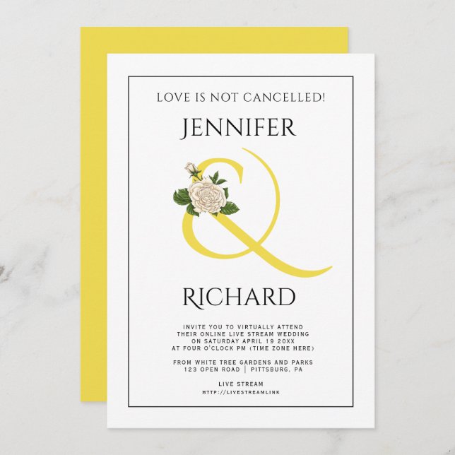 Illuminating yellow ampersand virtual wedding invitation (Front/Back)