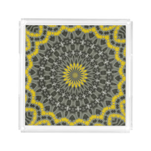 Illuminating Yellow and Grey KAleidoscope Mandala. Acrylic Tray