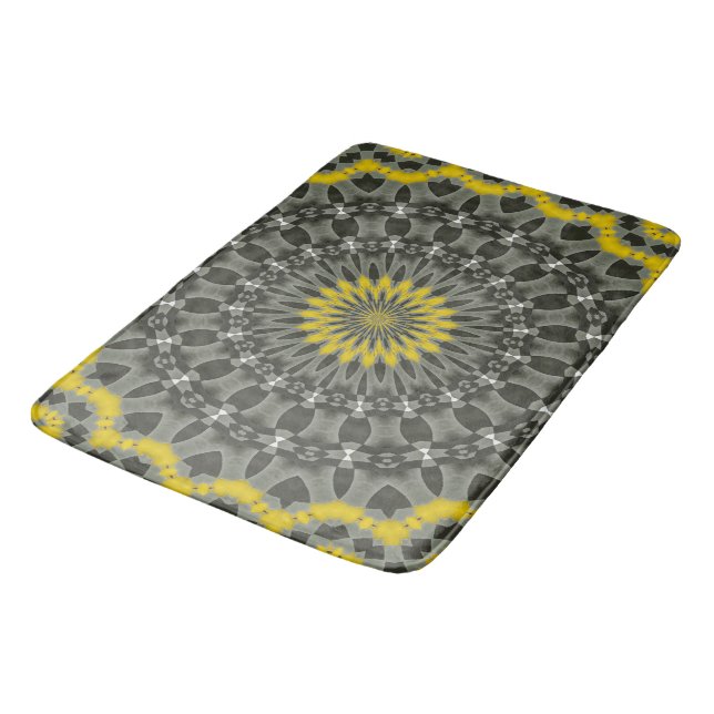 Illuminating Yellow and Grey KAleidoscope Mandala. Bath Mat (Angled)
