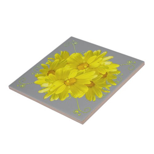 Illuminating Yellow Daisy Blossoms Ceramic Tile