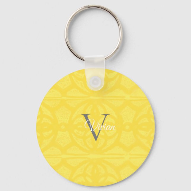 Illuminating Yellow Watercolor Batik Monogram Name Keychain (Front)