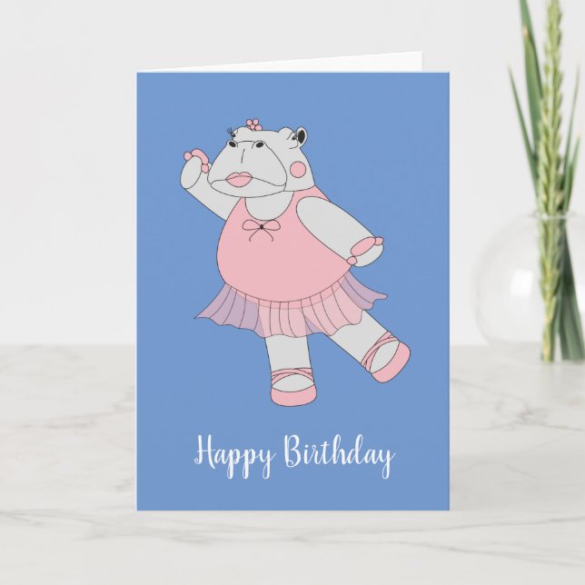 illusima Ballerina Hippo Blue Birthday Card (Front)