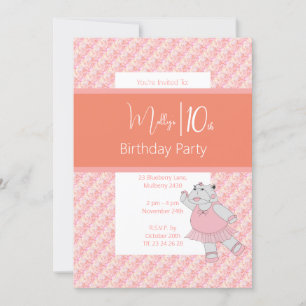 illusima Ballerina Hippo Floral Pink 10th Birthday Invitation