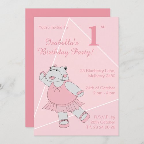 illusima Ballerina Hippo Girls Birthday Invitation