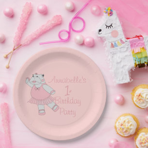 illusima Ballerina Hippo Light Pink 1st Birthday Paper Plates