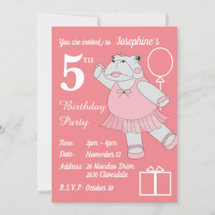 illusima Ballerina Hippo Peach Birthday Party Invitation