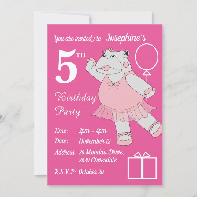 illusima Ballerina Hippo Pink Birthday Party Invitation (Front)