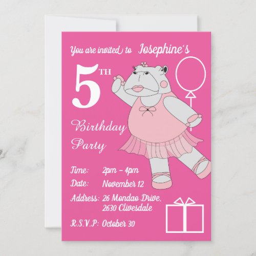 illusima Ballerina Hippo Pink Birthday Party Invitation