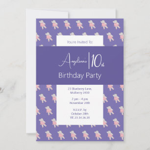 illusima Ballerina Hippo Purple Birthday Party Invitation