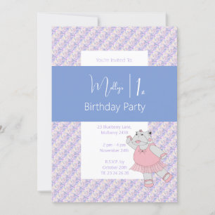 illusima Blue Ballerina Hippo 1st Birthday Invitation