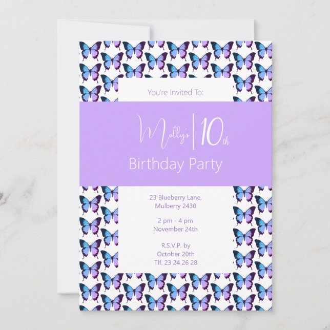 illusima Butterfly Pattern Purple 10th Birthday Invitation (Front)