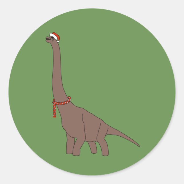 illusima Christmas Brown Long Neck Dinosaur Classic Round Sticker (Front)