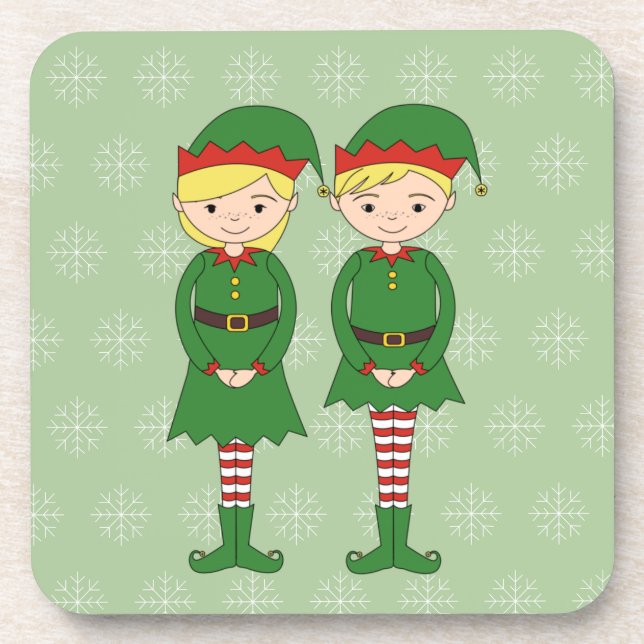 illusima Christmas Elves Snowflakes Green Beverage Coaster (Front)