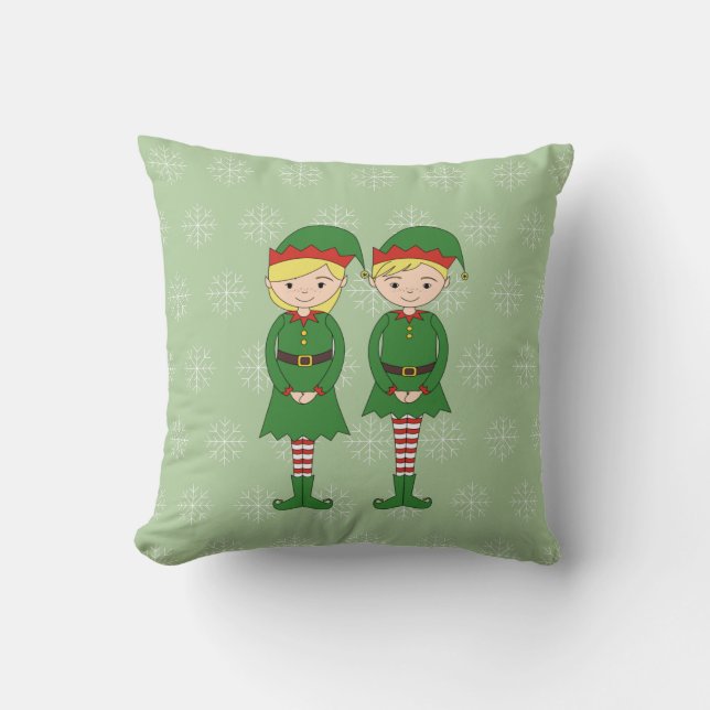 illusima Christmas Elves Snowflakes Green Throw Pillow (Front)