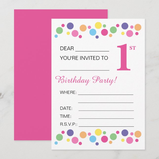 illusima Circles, Pink Back, 1st Birthday Party Invitation (Front/Back)