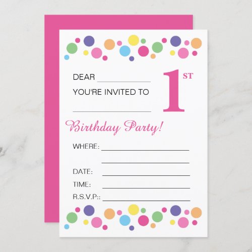 illusima Circles Pink Back 1st Birthday Party Invitation