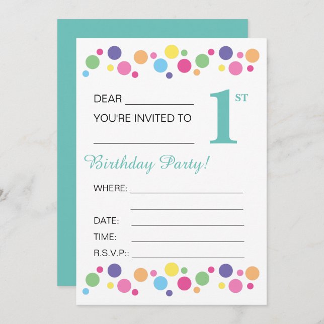 illusima Circles, Turquoise, 1st Birthday Party Invitation (Front/Back)
